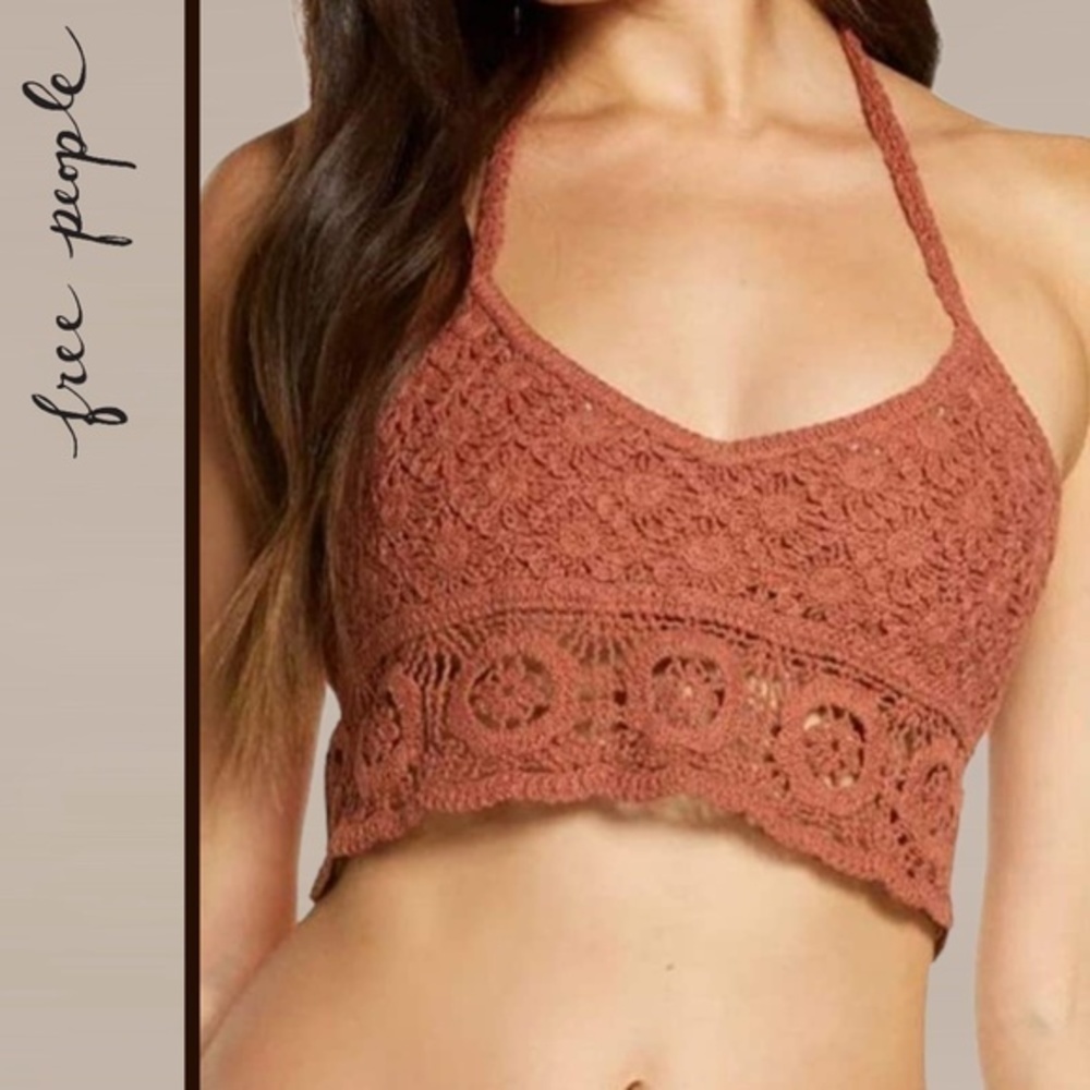 FREE PEOPLE Sydney Crochet Halter-Ties Open Back Crop Top/Bralette-Lg NWT - Picture 3 of 16